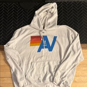 Aviator Nation White Hoodie with Rainbow and Blue Logo